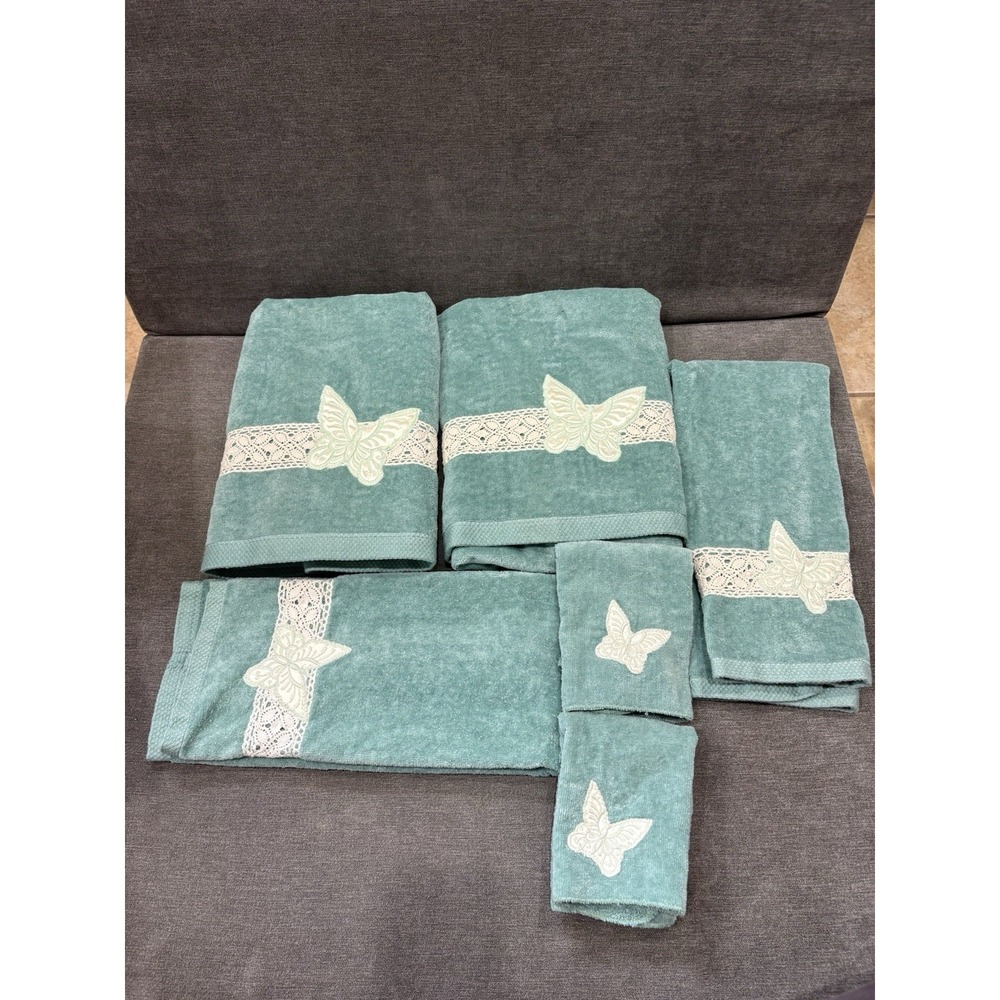 Vintage Butterfly Crochet Towel Set Of 6 2 Wash Cloth 2 Hand 2 Bath Teal Blue